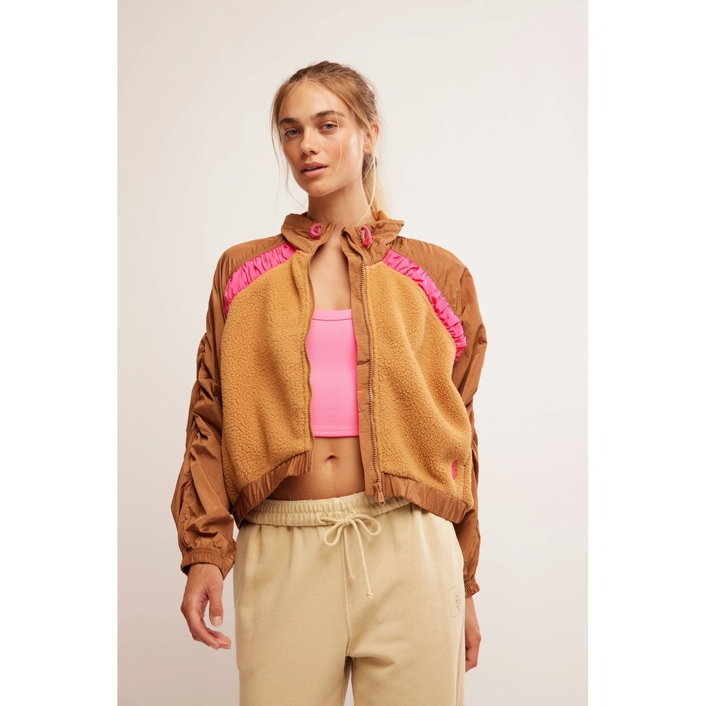 FP Movement Amelia Zip Up Fleece Camel Malibu Brown Pink Bomber Jacket Preppy